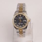 Two Tone Silver Chain Womans Watch Black Dial