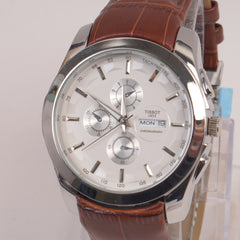 Men's Wrist Watch White Dial Brown Straps