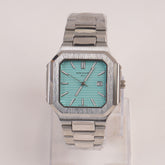 Mens Chain Silver Square Wrist Watch Cyan/Green Dial