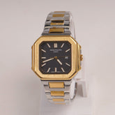 Two Tone Mens Chain Silver Square Wrist Watch Black Dial