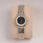 Two Tone Silver Chain Womans Watch Black Dial