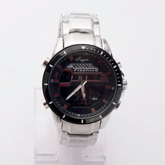 Dual Time Mans Chain Wrist Watch Silver Blk