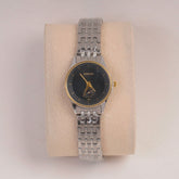 Two Tone Silver Chain Womans Watch Black Dial