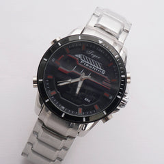 Dual Time Mans Chain Wrist Watch Silver Blk