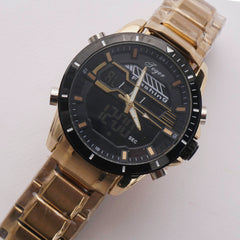 Dual Time Mans Chain Wrist Watch Golden Black