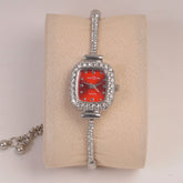 Silver Chain Womans Watch Red Dial
