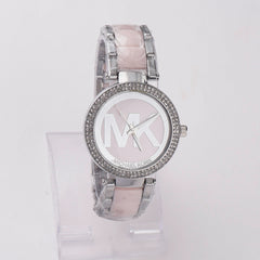 Women Chain Wrist Watch MK Silver Pink
