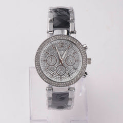 Women Chain Wrist Watch Stone Design Silver Black