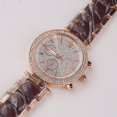 Women Chain Wrist Watch Stone Design Rosegold Brown