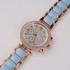 Women Chain Wrist Watch Stone Design Rosegold Cyan