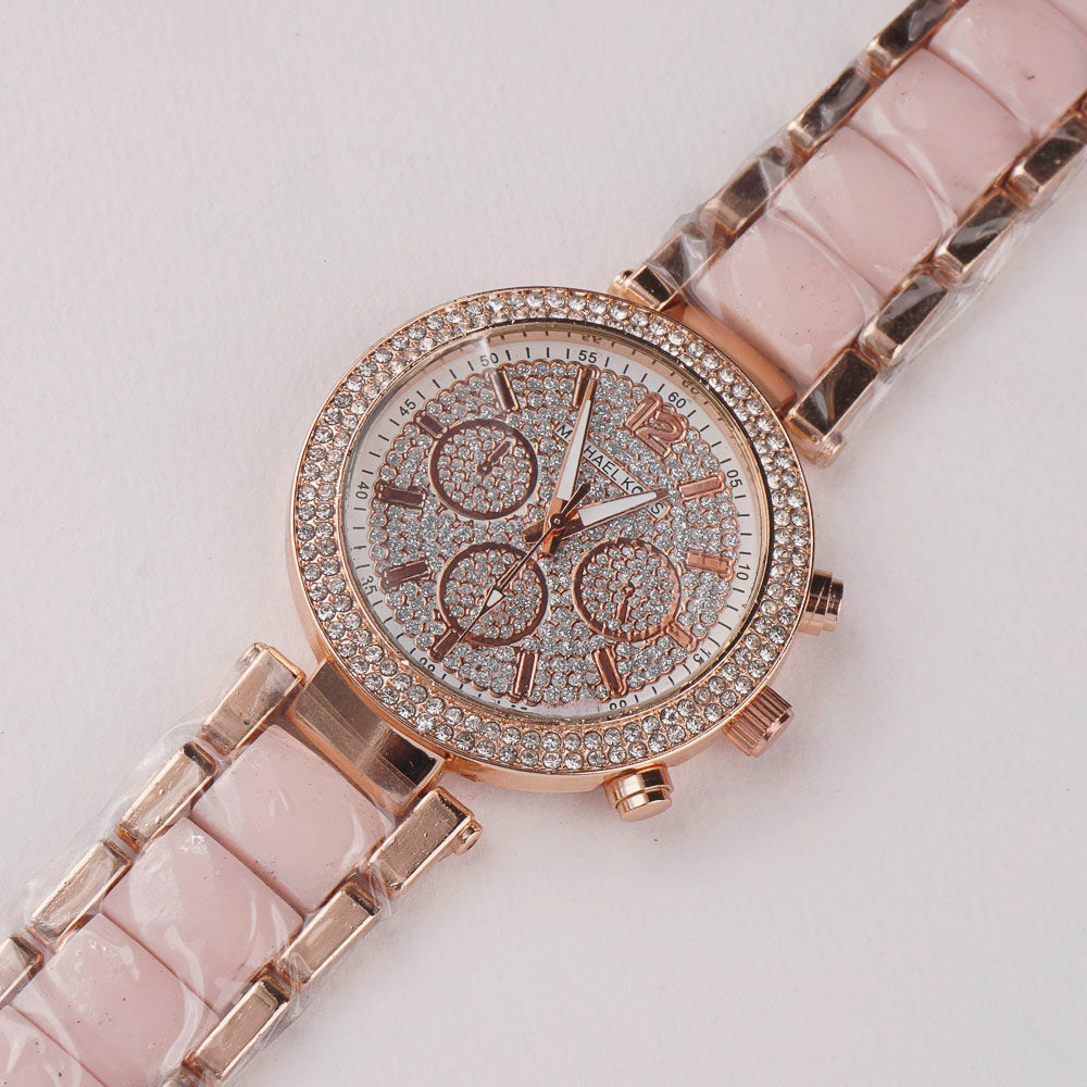 Women Chain Wrist Watch Stone Design Rosegold Pink
