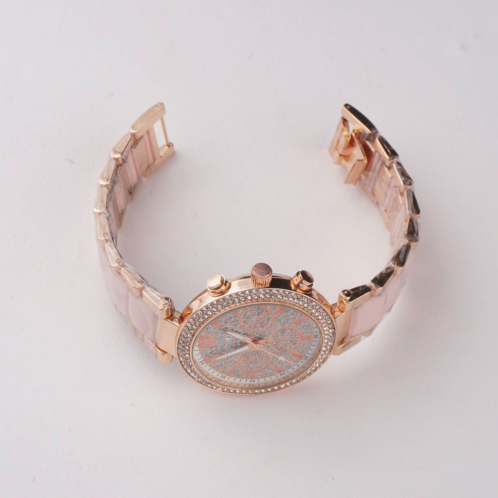 Women Chain Wrist Watch Stone Design Rosegold Pink
