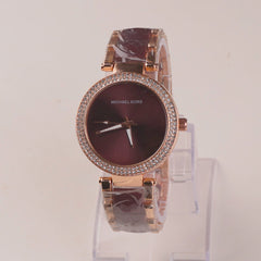 Women Chain Wrist Watch Plain Design Rosegold Brown