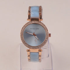 Women Chain Wrist Watch Plain Design Rosegold Cyan