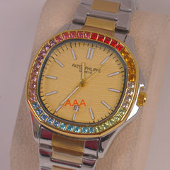 Two Tone Mans Chain Wrist Watch Golden Dial