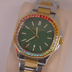 Two Tone Mans Chain Wrist Watch Green Dial