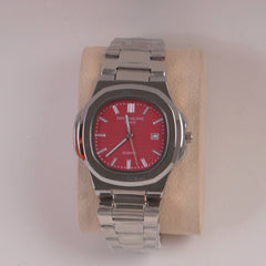 Mans Silver Chain Wrist Watch Red Dial