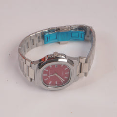 Mans Silver Chain Wrist Watch Red Dial