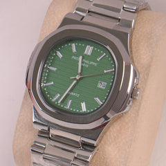 Mans Silver Chain Wrist Watch Green Dial
