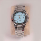 Mans Silver Chain Wrist Watch Cyan Dial