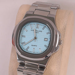 Mans Silver Chain Wrist Watch Cyan Dial