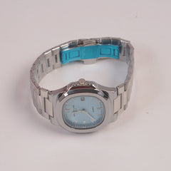 Mans Silver Chain Wrist Watch Cyan Dial