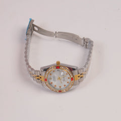 Two Tone Silver Chain Womans Watch Red