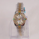 Two Tone Silver Chain Womans Watch Green