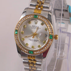 Two Tone Silver Chain Womans Watch Green