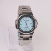 Mans Silver Chain Wrist Watch Cyan Dial