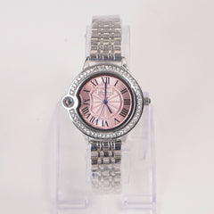 Woman Silver Chain Watch Pink Stone Dial