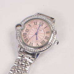 Woman Silver Chain Watch Pink Stone Dial
