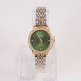 Two Tone Woman Silver Chain Watch Green Stone Dial