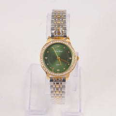 Two Tone Woman Silver Chain Watch Green Stone Dial