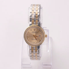 Two Tone Women's Golden Chain Wrist Watch With Golden Dial