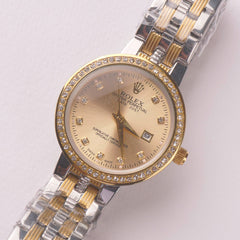 Two Tone Women's Golden Chain Wrist Watch With Golden Dial