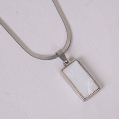 Silver-Tone Rectangular Pendant Necklace with White Inlay