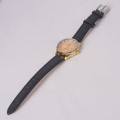 Woman Golden Dial Watch with Black Straps