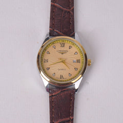 Woman Silver-Golden Dial Watch with Brown Straps