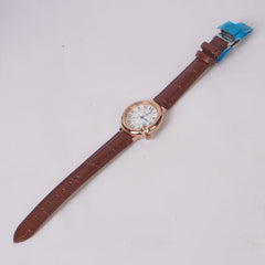 Woman Rosegold Dial Watch with Leather Brown Straps White