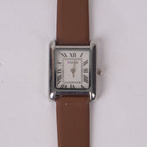 Woman Silver Watch with Brown Staps Square Shape