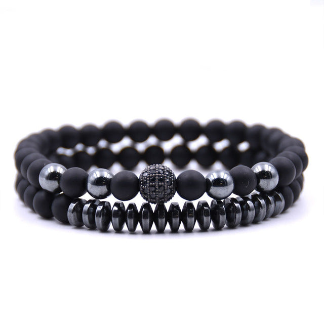 Black Matte 6mm Men Stone Beads Bracelet 2Pc Set