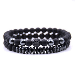 Black Matte 6mm Men Stone Beads Bracelet 2Pc Set