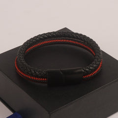 Black Leather Red & Black Wire with Black magnetic lock Fashion Leather Bracelet