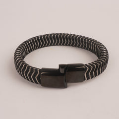 Black Leather silver Wire with Black magnetic lock Leather Bracelet