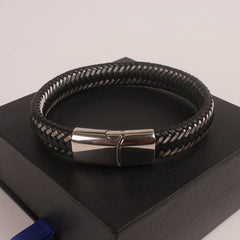 Black Leather silver Wire with Silver magnetic lock Leather Bracelet
