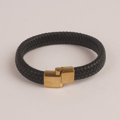 Black Leather with Golden magnetic lock Leather Bracelet