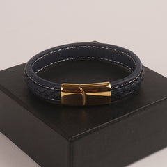 Bllue Leather with golden magnetic lock Fashion Leather Bracelet