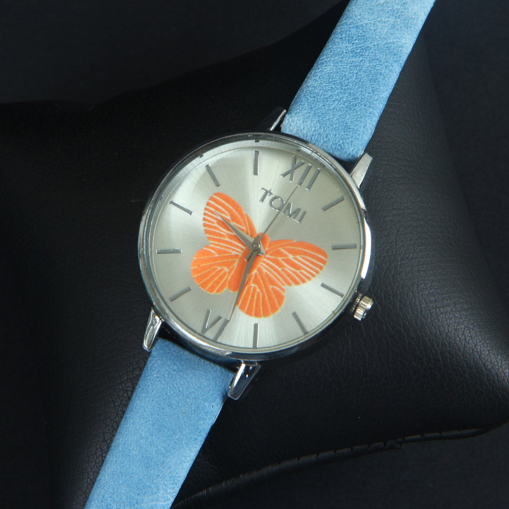 Blue Leather Strap Silver Dial Fashion TM201 Women Wrist Watch