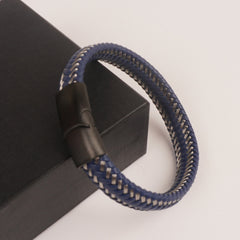 Blue Leather silver Wire with Black magnetic lock Leather Bracelet